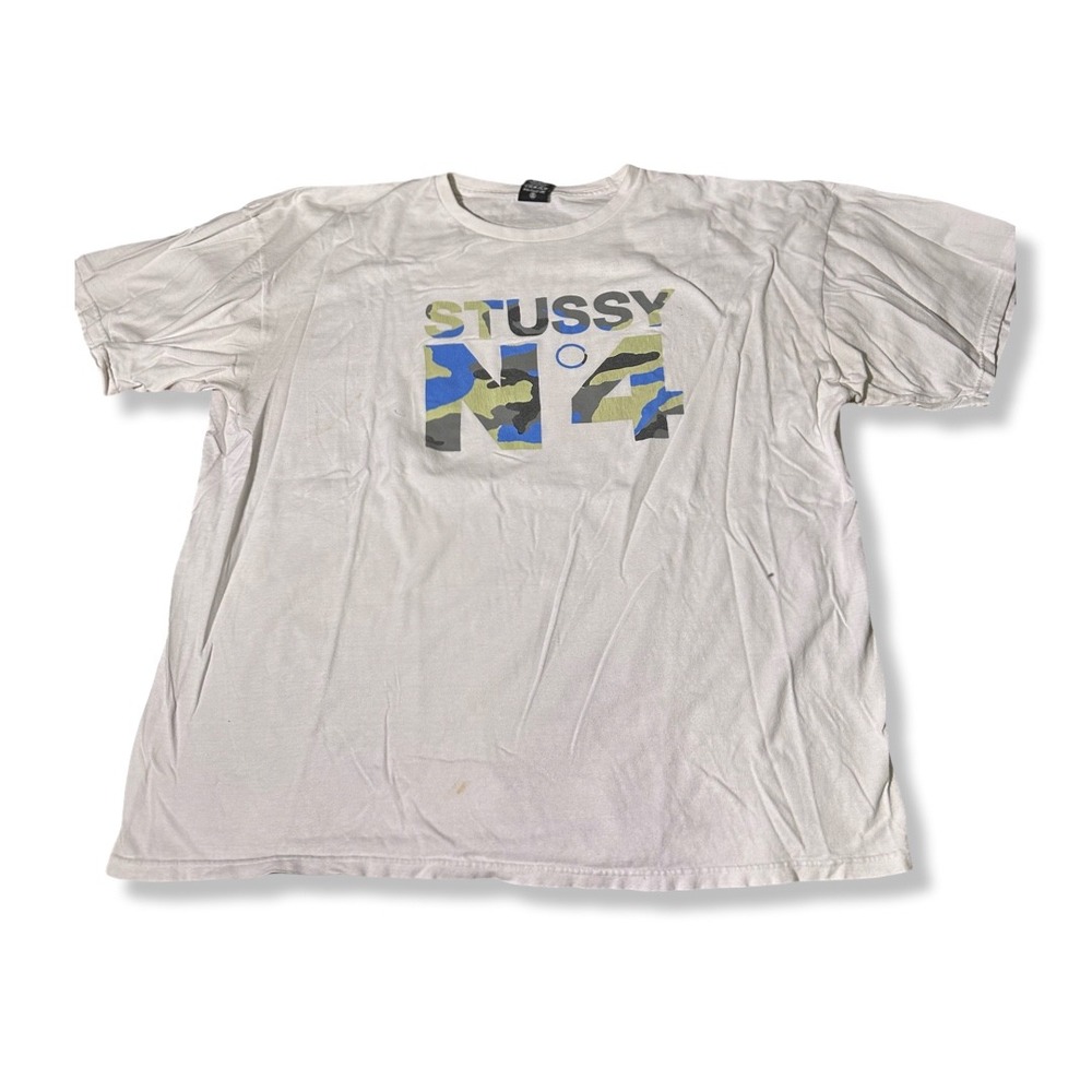 Stussy Graphic Tee Mens XXL White Excellent Camo No 4 Logo Streetwear T-Shirt